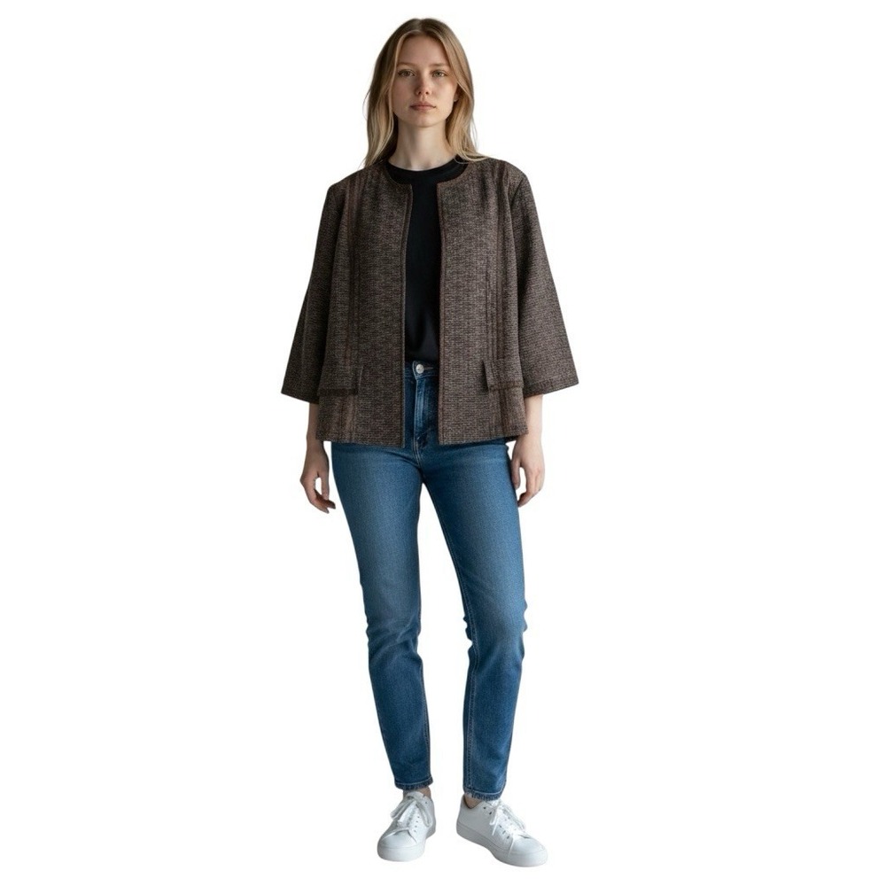 Chicos Brown Textured Open Jacket Womens Size 2 (Fits L/12) Peplum Trim Workwear